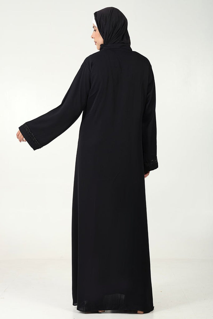 Elegant Nida Fabric A - Line Abaya with Black Bead Lace Detailing - EastEssence.com