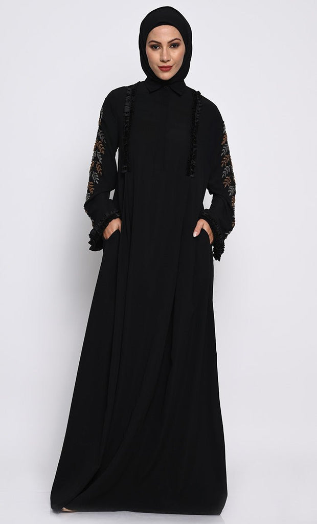 Elegant Nida Fabric A - Line Abaya with Hand Embroidered Bell Sleeves - EastEssence.com