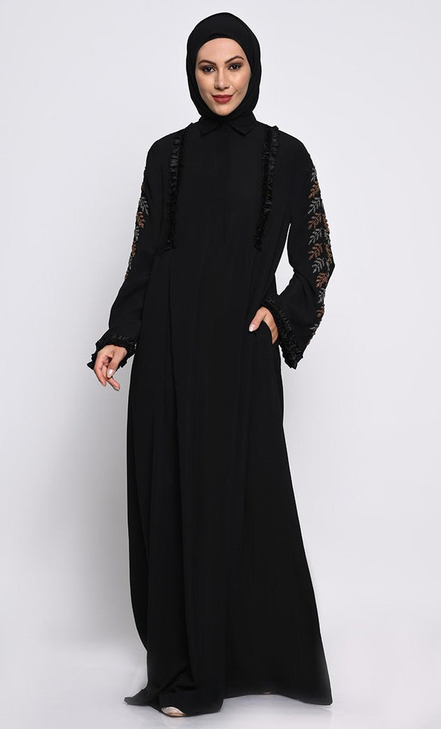 Elegant Nida Fabric A - Line Abaya with Hand Embroidered Bell Sleeves - EastEssence.com