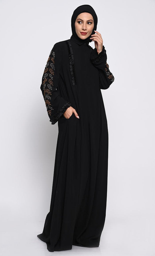 Elegant Nida Fabric A - Line Abaya with Hand Embroidered Bell Sleeves - EastEssence.com