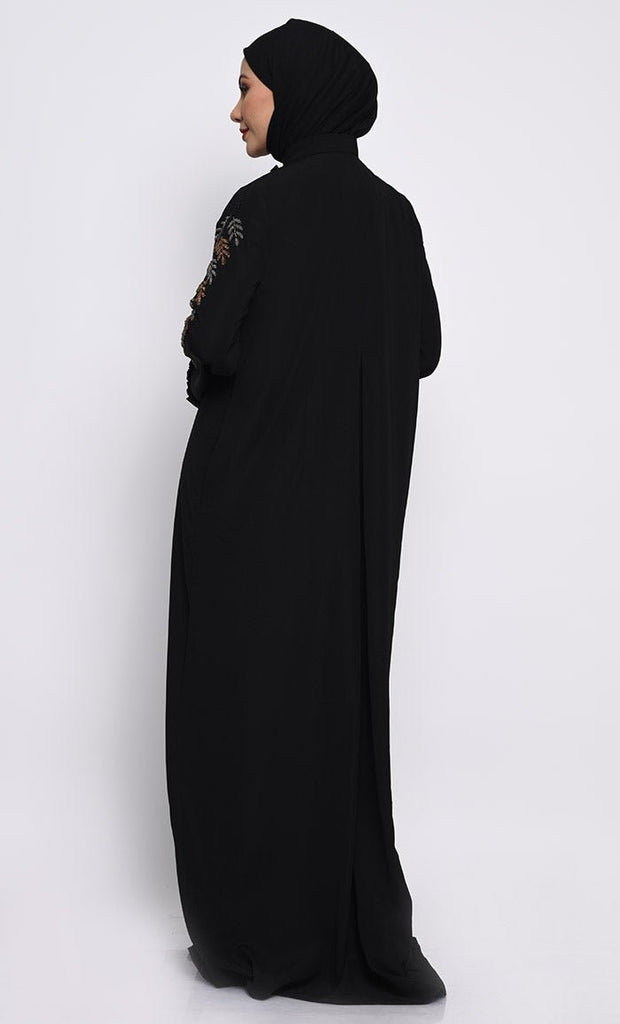 Elegant Nida Fabric A - Line Abaya with Hand Embroidered Bell Sleeves - EastEssence.com