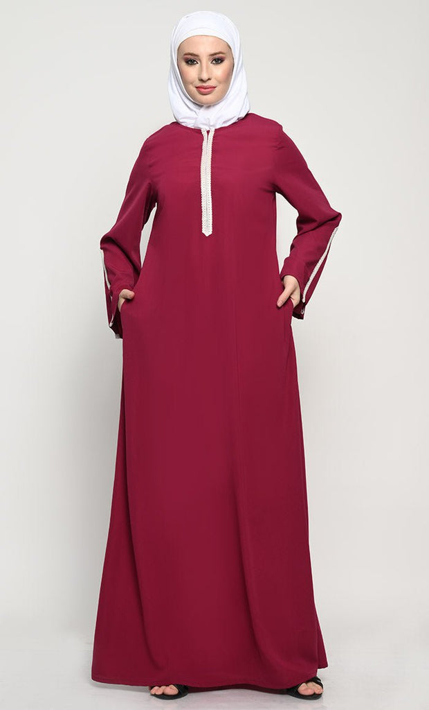 Elegant Nida Fabric A - Style Abaya with Contrast Stripes Detailing - EastEssence.com