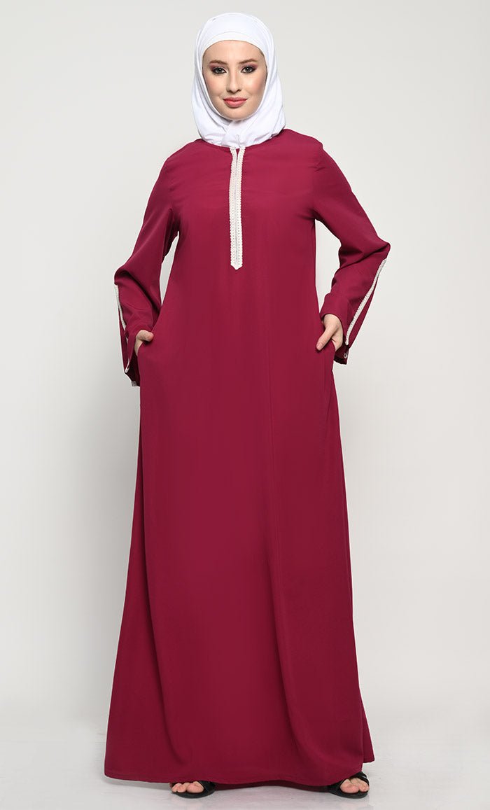 Elegant Nida Fabric A-Style Abaya with Contrast Stripes Detailing