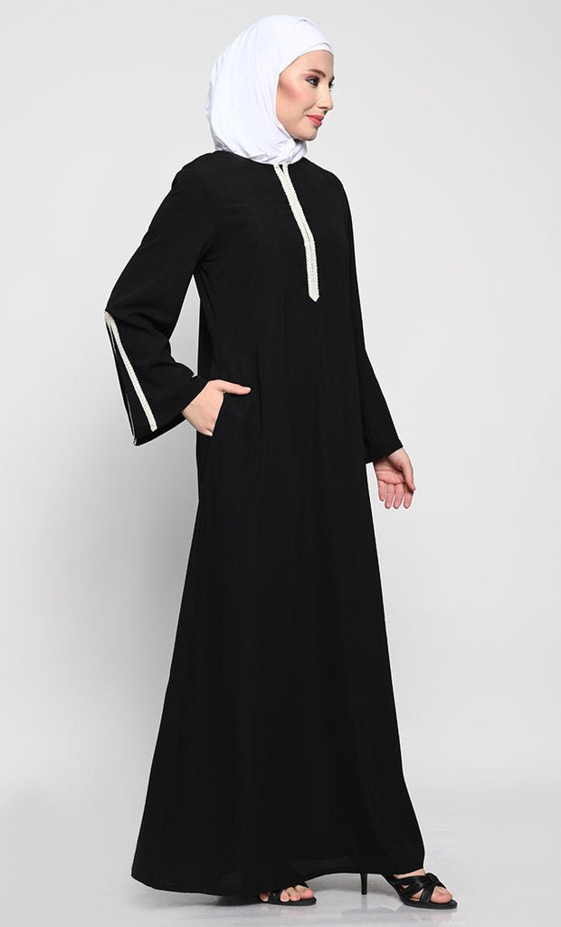 Elegant Nida Fabric A - Style Abaya with Contrast Stripes Detailing - EastEssence.com