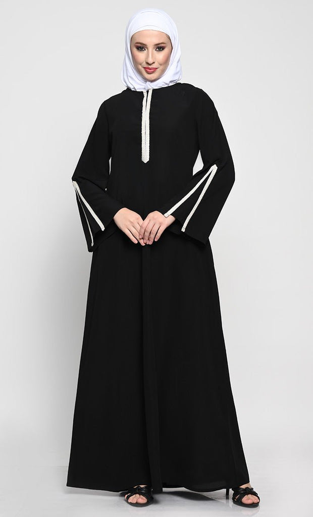 Elegant Nida Fabric A - Style Abaya with Contrast Stripes Detailing - EastEssence.com