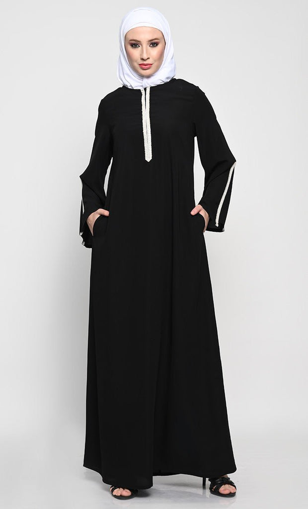 Elegant Nida Fabric A - Style Abaya with Contrast Stripes Detailing - EastEssence.com