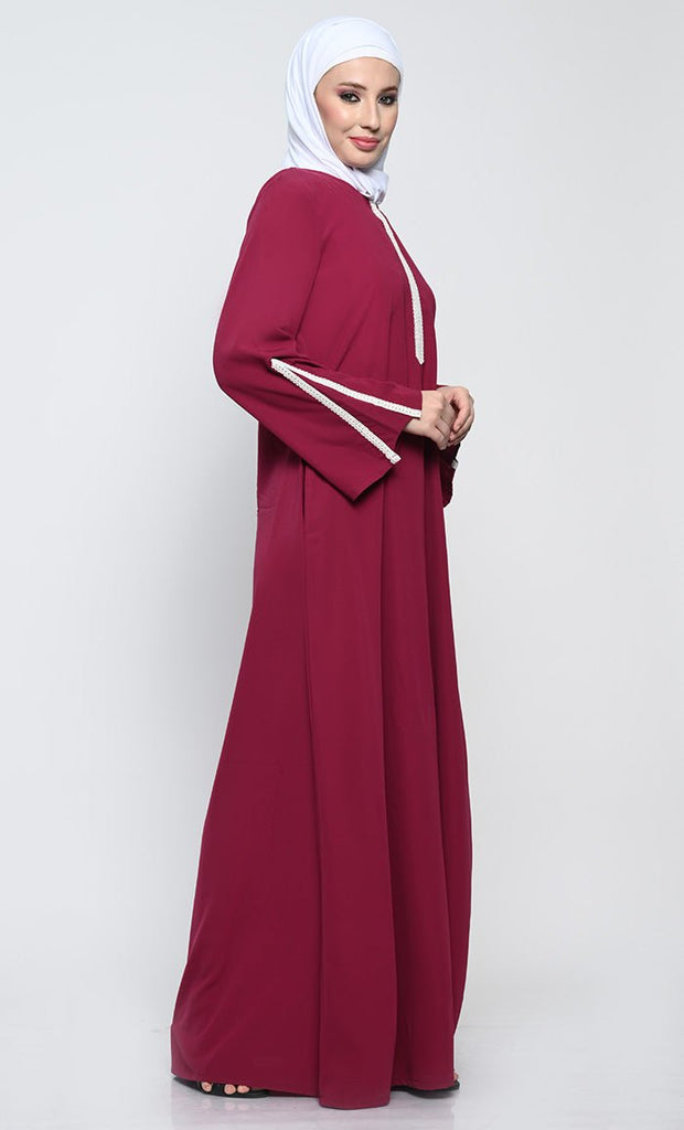 Elegant Nida Fabric A - Style Abaya with Contrast Stripes Detailing - EastEssence.com