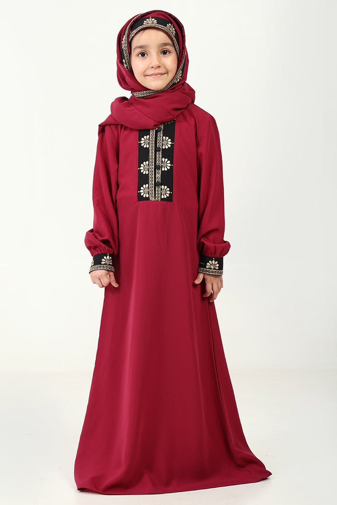 Elegant Nida Fabric Abaya & Matching Hijab Set for Girl - Maroon - EastEssence.com