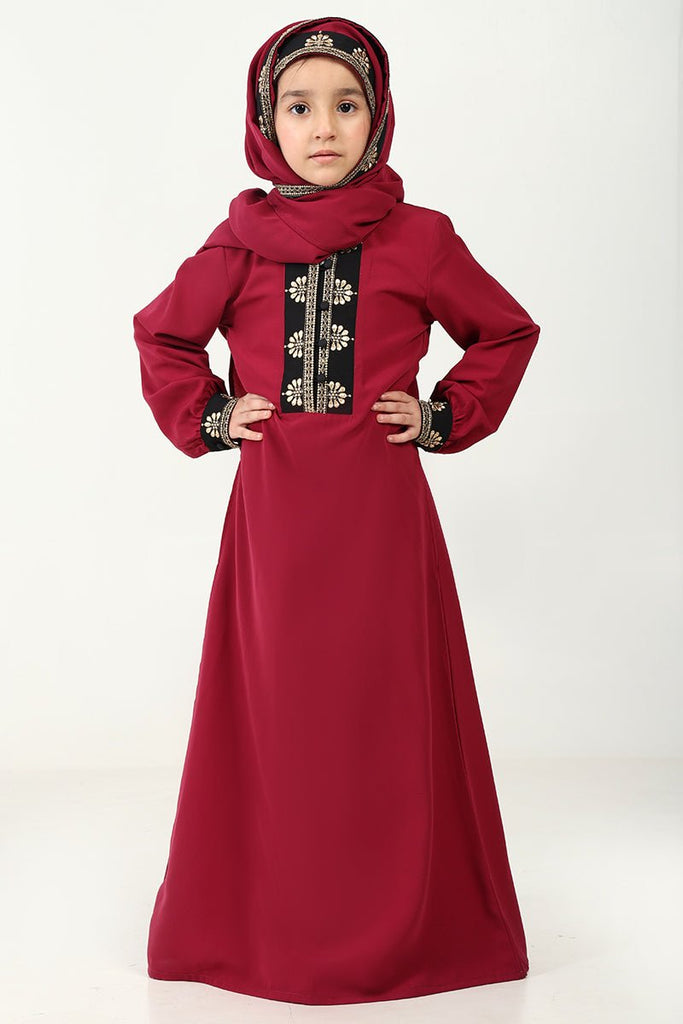 Elegant Nida Fabric Abaya & Matching Hijab Set for Girl - Maroon - EastEssence.com