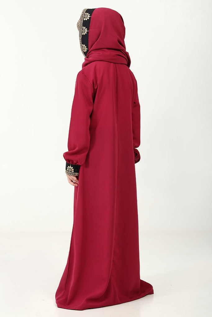 Elegant Nida Fabric Abaya & Matching Hijab Set for Girl - Maroon - EastEssence.com