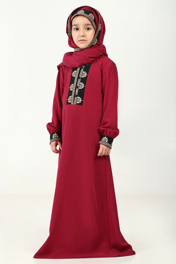 Elegant Nida Fabric Abaya & Matching Hijab Set for Girl - Maroon - EastEssence.com