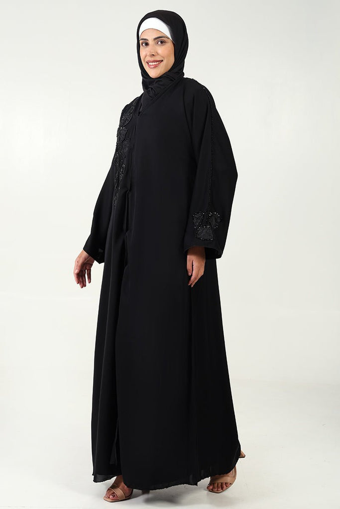 Elegant Nida Fabric Abaya with Appliqué Embroidery & Handwork Detailing - EastEssence.com