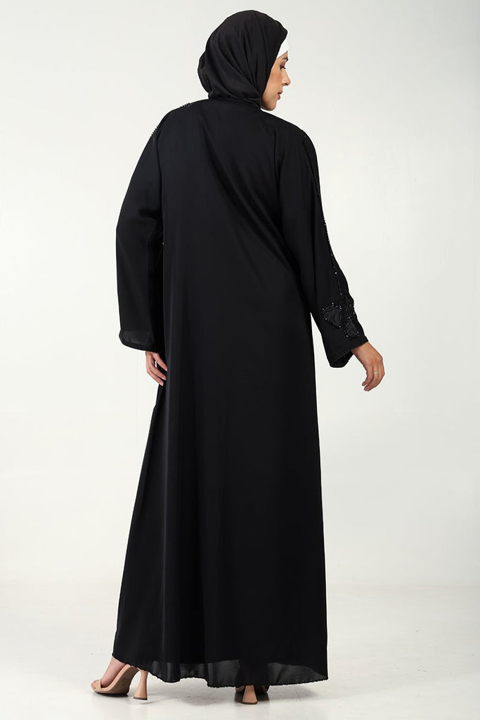 Elegant Nida Fabric Abaya with Appliqué Embroidery & Handwork Detailing - EastEssence.com