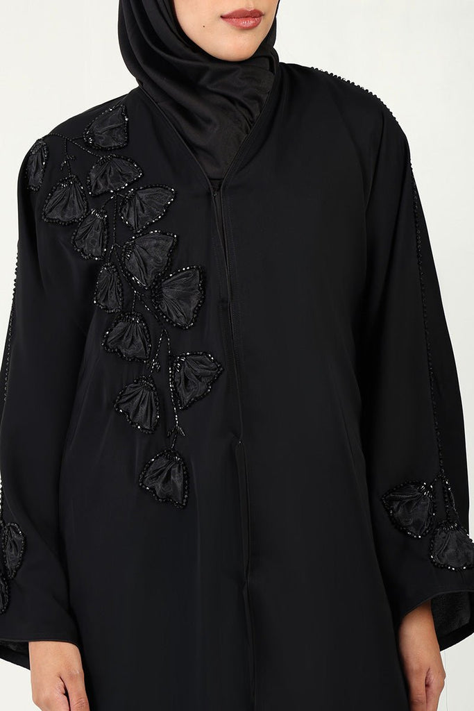 Elegant Nida Fabric Abaya with Appliqué Embroidery & Handwork Detailing - EastEssence.com