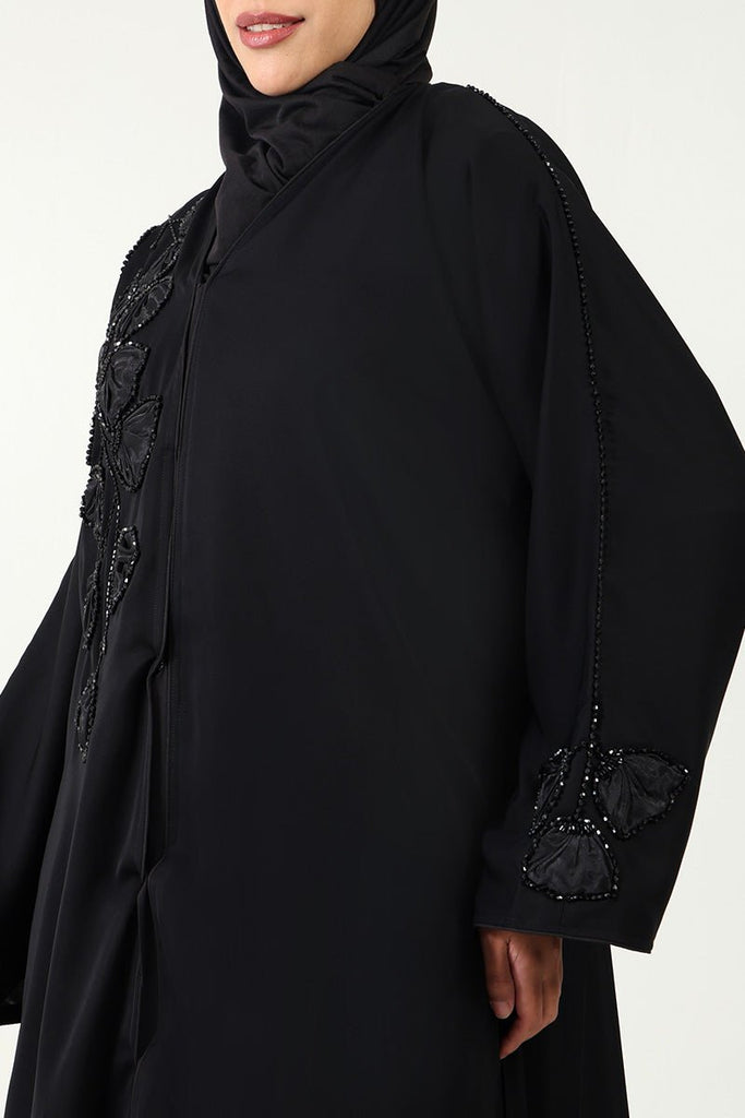 Elegant Nida Fabric Abaya with Appliqué Embroidery & Handwork Detailing - EastEssence.com