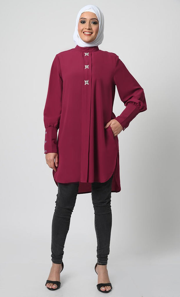 Elegant Nida Fabric Asymmetric Tunic - Maroon - EastEssence.com