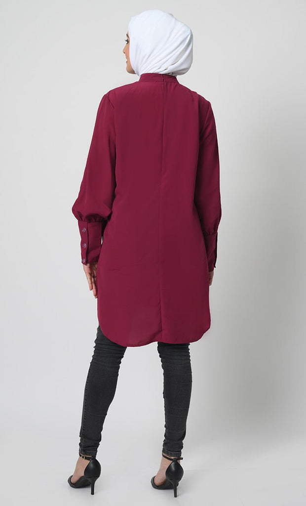 Elegant Nida Fabric Asymmetric Tunic - Maroon - EastEssence.com