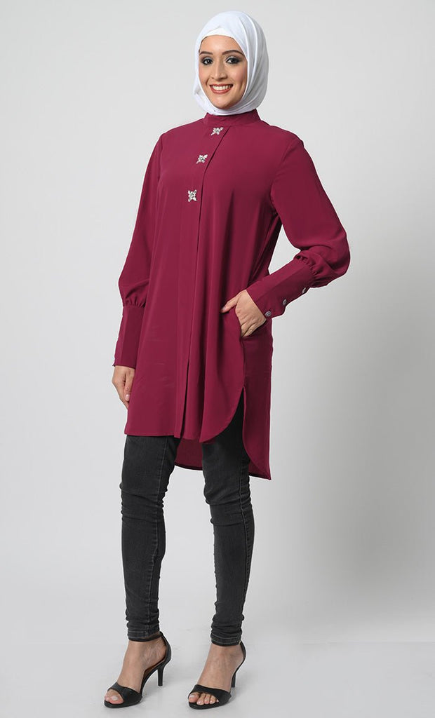 Elegant Nida Fabric Asymmetric Tunic - Maroon - EastEssence.com