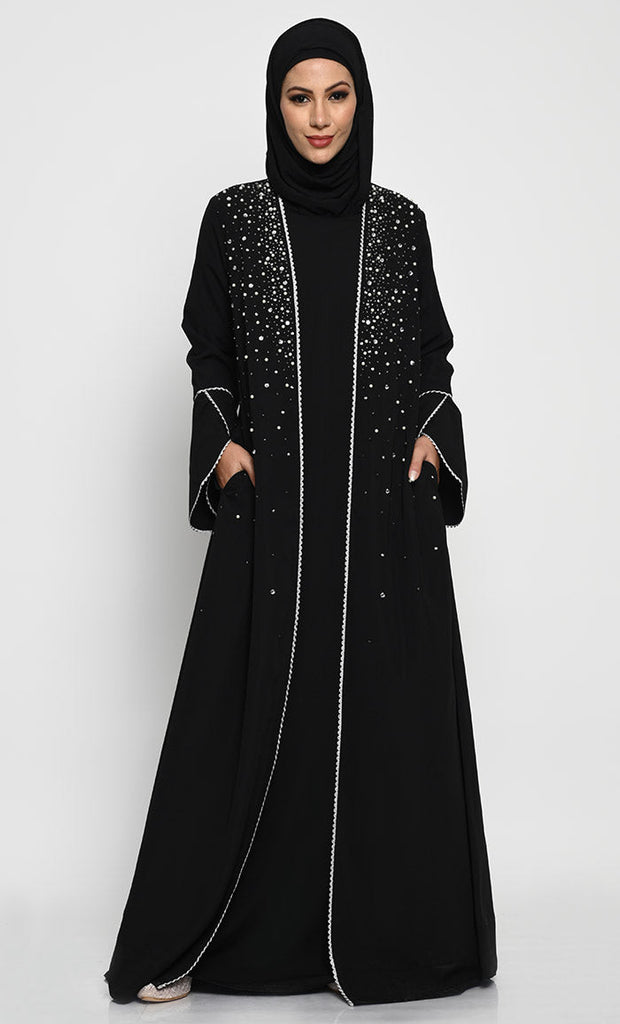 Elegant Nida Fabric Layered Abaya with Pearl, Stone, and Bead Embroidery - EastEssence.com