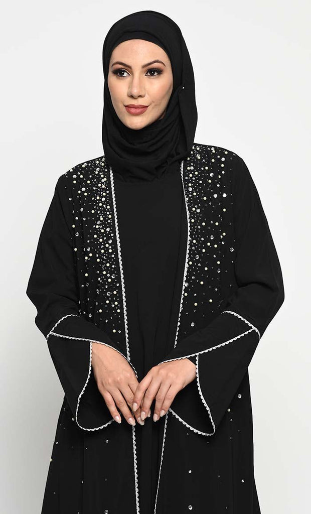 Elegant Nida Fabric Layered Abaya with Pearl, Stone, and Bead Embroidery - EastEssence.com