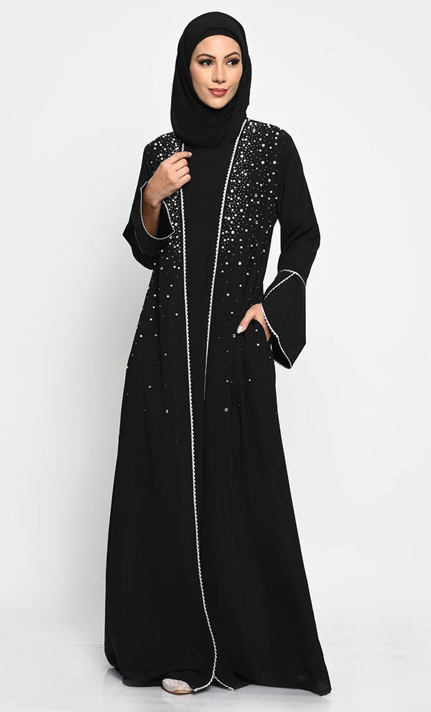 Elegant Nida Fabric Layered Abaya with Pearl, Stone, and Bead Embroidery - EastEssence.com