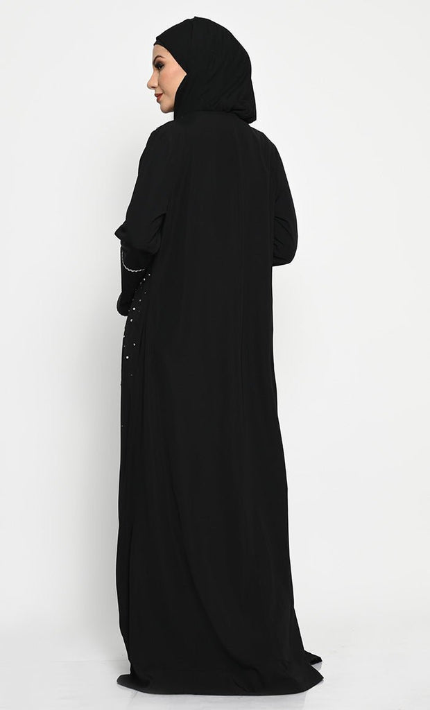 Elegant Nida Fabric Layered Abaya with Pearl, Stone, and Bead Embroidery - EastEssence.com