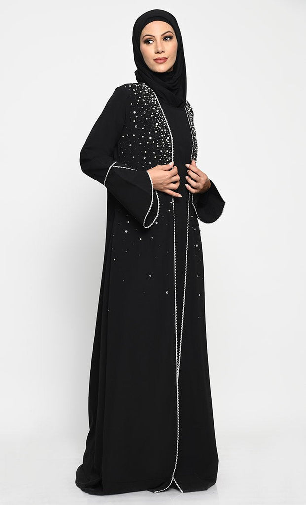 Elegant Nida Fabric Layered Abaya with Pearl, Stone, and Bead Embroidery - EastEssence.com