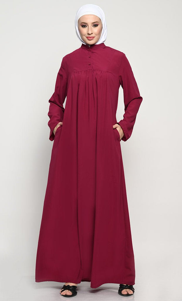 Elegant Nida Fabric Modest Abaya with Bell Sleeves and Chest Pleats - EastEssence.com