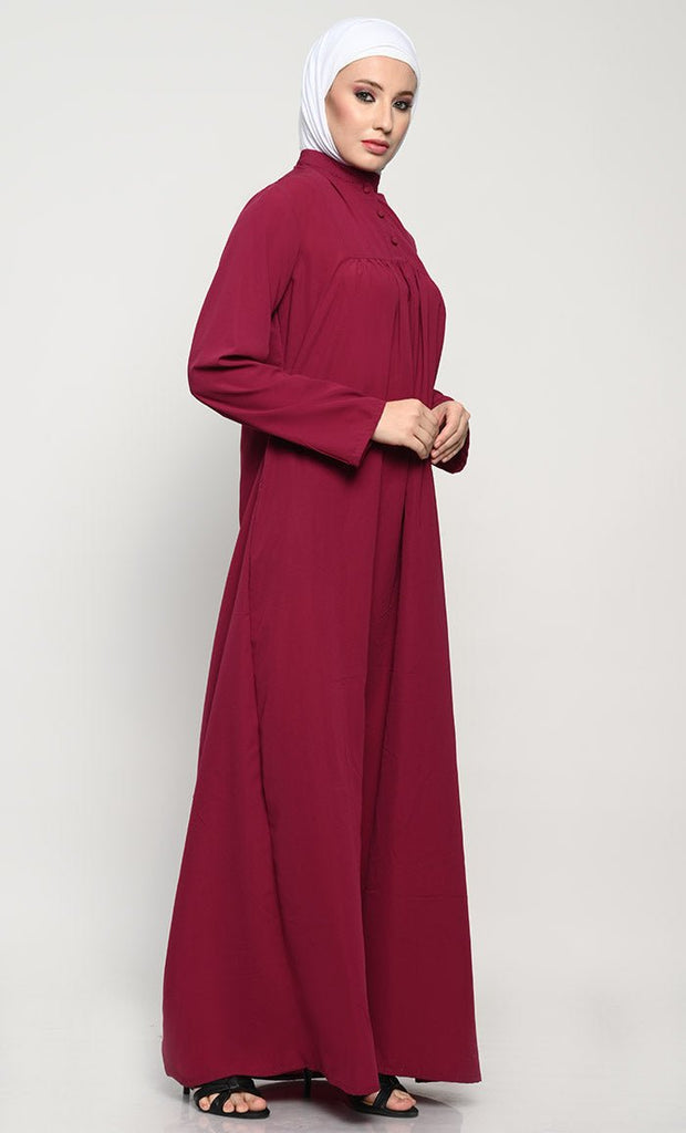 Elegant Nida Fabric Modest Abaya with Bell Sleeves and Chest Pleats - EastEssence.com