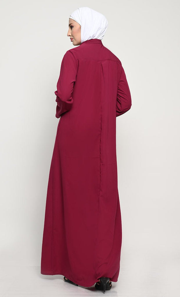 Elegant Nida Fabric Modest Abaya with Bell Sleeves and Chest Pleats - EastEssence.com