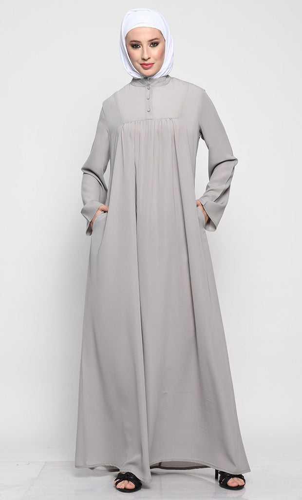 Elegant Nida Fabric Modest Abaya with Bell Sleeves and Chest Pleats - EastEssence.com