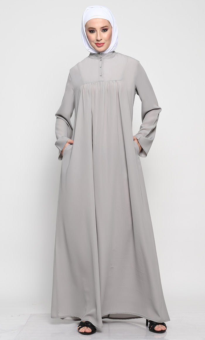 Elegant Nida Fabric Modest Abaya with Bell Sleeves and Chest Pleats