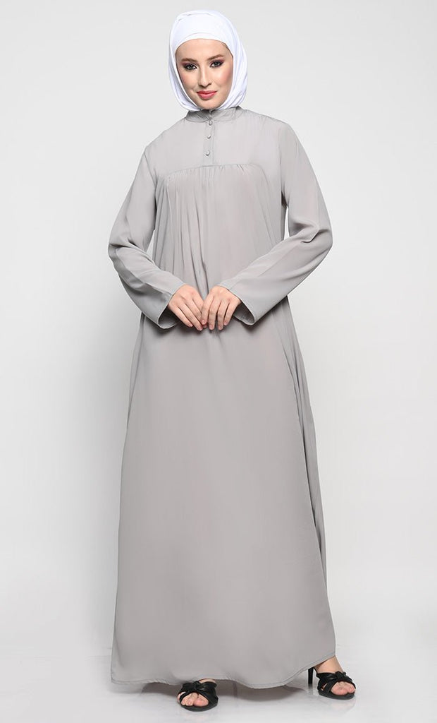 Elegant Nida Fabric Modest Abaya with Bell Sleeves and Chest Pleats - EastEssence.com