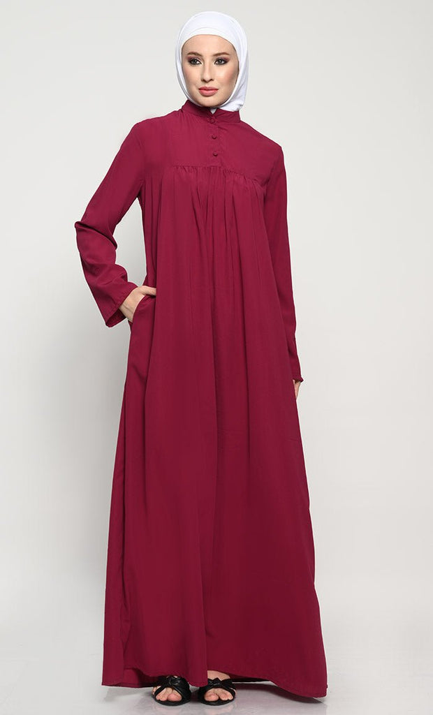 Elegant Nida Fabric Modest Abaya with Bell Sleeves and Chest Pleats - EastEssence.com