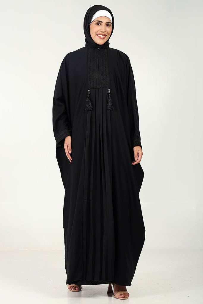 Elegant Nida Kaftan Abaya with Lace, Pleats & Tassel Detailing - EastEssence.com