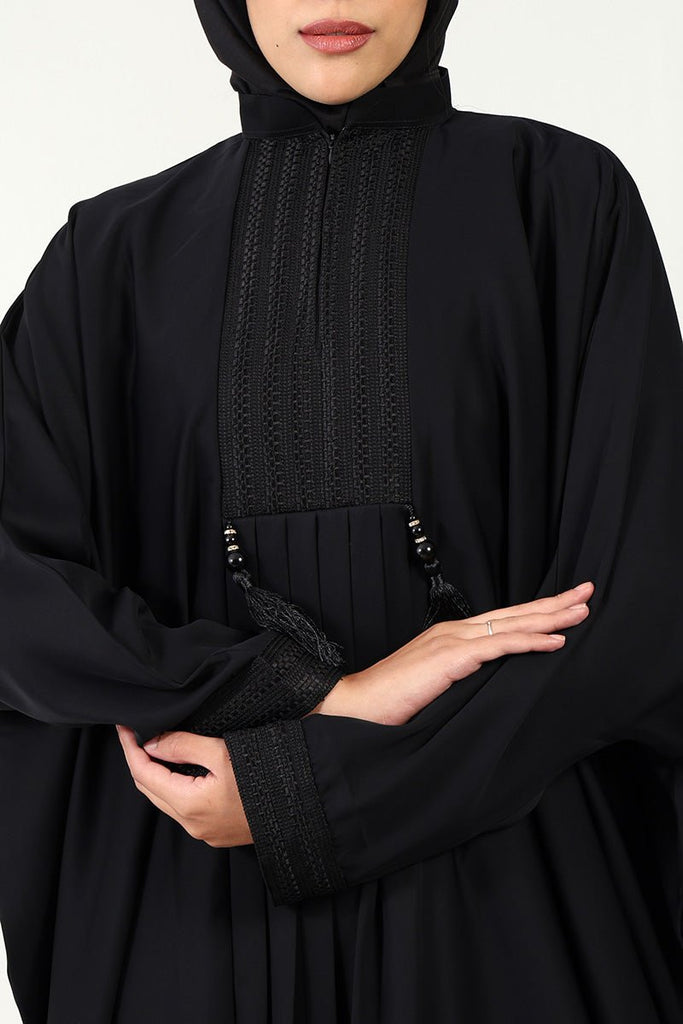 Elegant Nida Kaftan Abaya with Lace, Pleats & Tassel Detailing - EastEssence.com