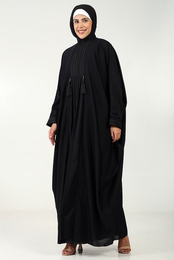 Elegant Nida Kaftan Abaya with Lace, Pleats & Tassel Detailing - EastEssence.com