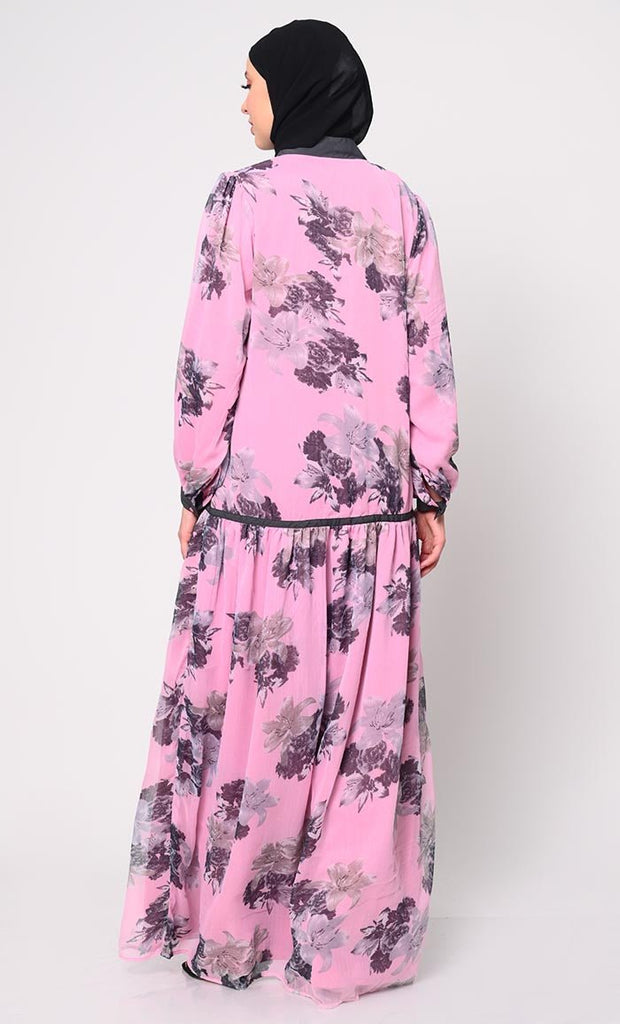 Elegant Pink Chiffon Printed Abaya with Bishop Sleeves and Pockets - EastEssence.com