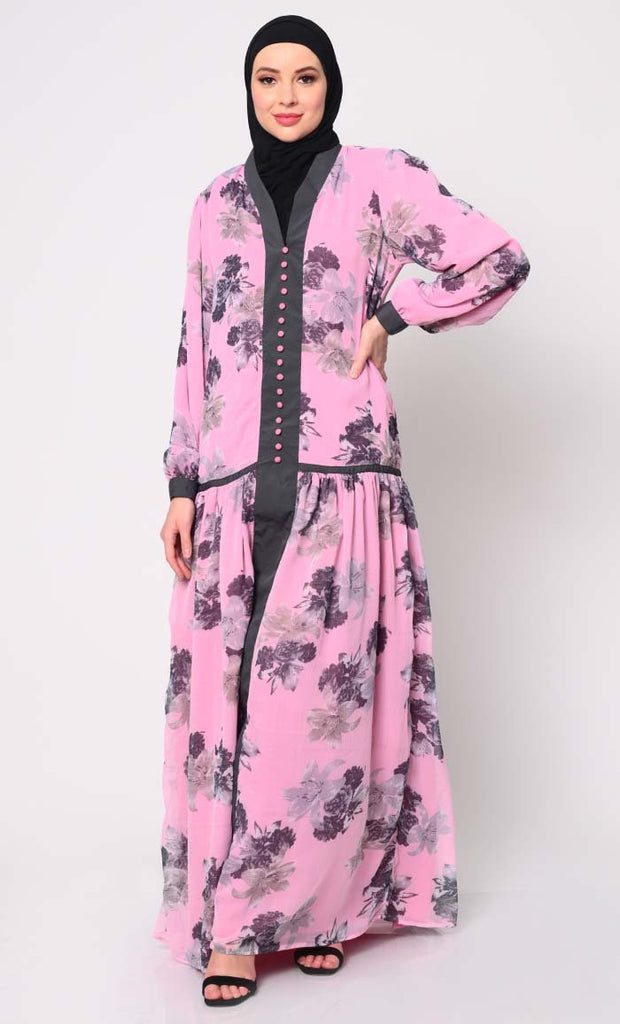 Elegant Pink Chiffon Printed Abaya with Bishop Sleeves and Pockets - EastEssence.com