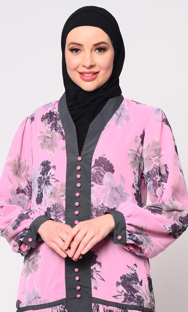 Elegant Pink Chiffon Printed Abaya with Bishop Sleeves and Pockets - EastEssence.com