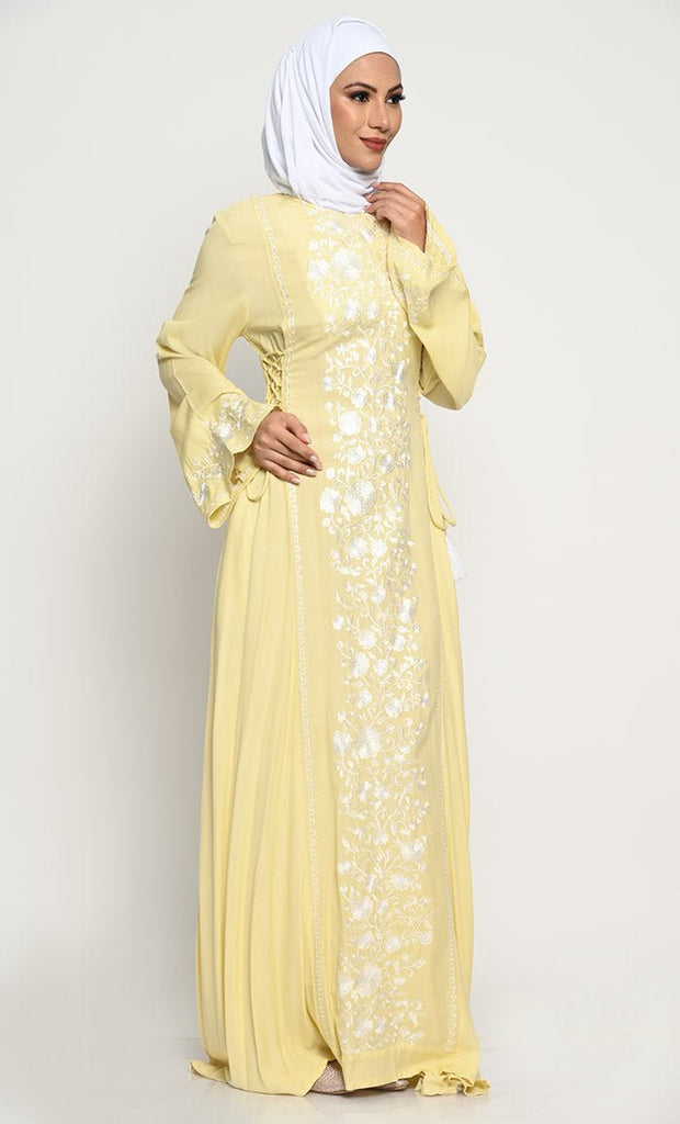 Elegant Rayon A - Line Abaya with Contrast Floral Embroidery and Adjustable Side Ties - EastEssence.com