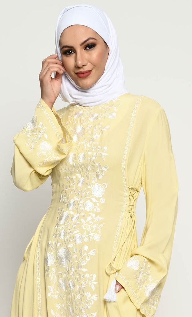 Elegant Rayon A - Line Abaya with Contrast Floral Embroidery and Adjustable Side Ties - EastEssence.com