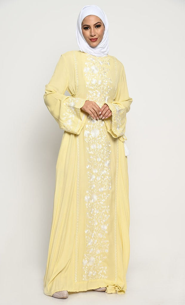 Elegant Rayon A - Line Abaya with Contrast Floral Embroidery and Adjustable Side Ties - EastEssence.com