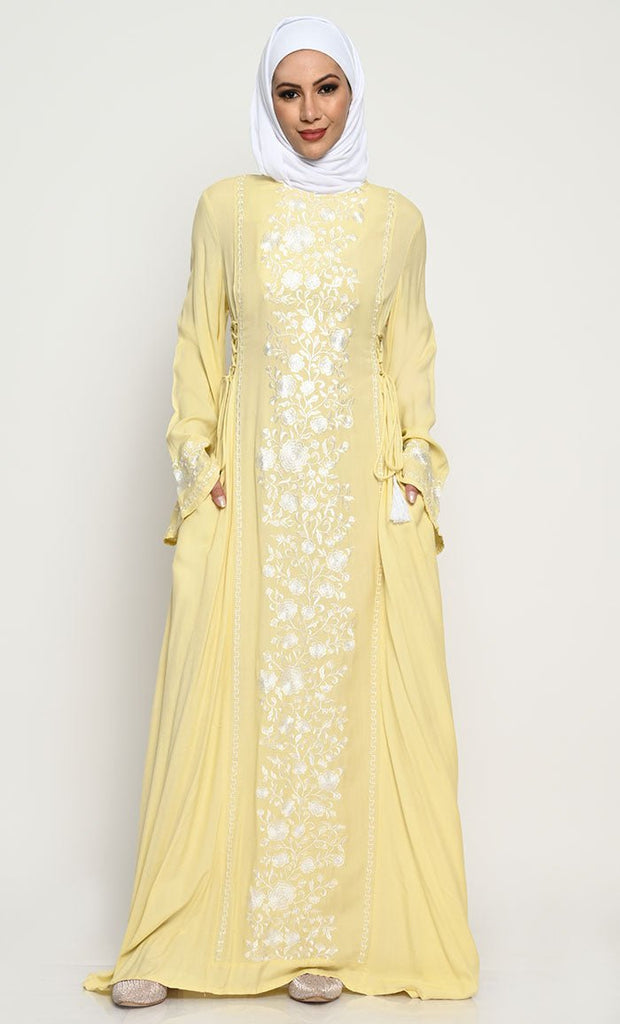 Elegant Rayon A - Line Abaya with Contrast Floral Embroidery and Adjustable Side Ties - EastEssence.com