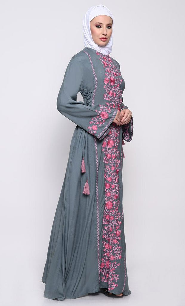 Elegant Rayon A - Line Abaya with Contrast Floral Embroidery and Side Tie Details - EastEssence.com