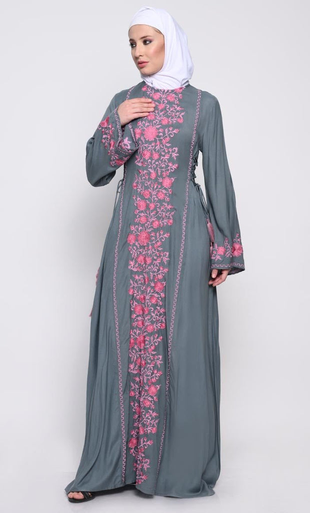 Elegant Rayon A - Line Abaya with Contrast Floral Embroidery and Side Tie Details - EastEssence.com