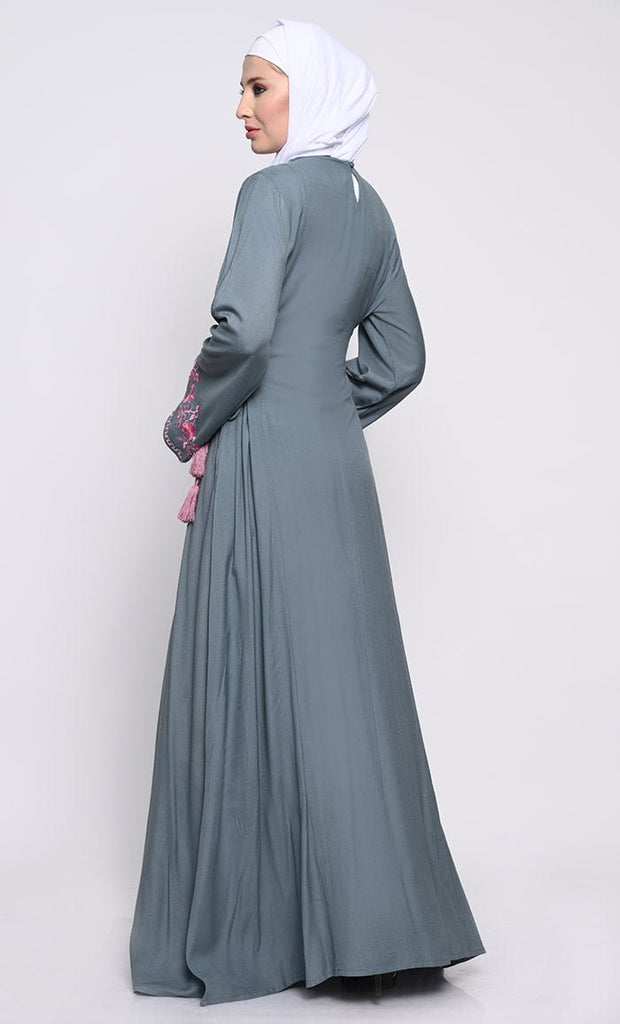 Elegant Rayon A - Line Abaya with Contrast Floral Embroidery and Side Tie Details - EastEssence.com