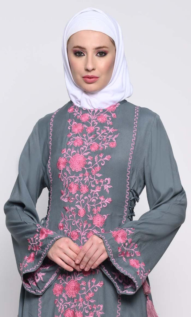 Elegant Rayon A - Line Abaya with Contrast Floral Embroidery and Side Tie Details - EastEssence.com