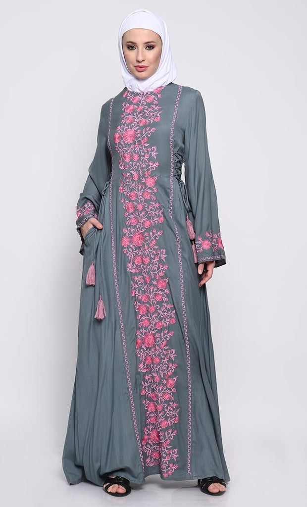 Elegant Rayon A - Line Abaya with Contrast Floral Embroidery and Side Tie Details - Final Sale - EastEssence.com