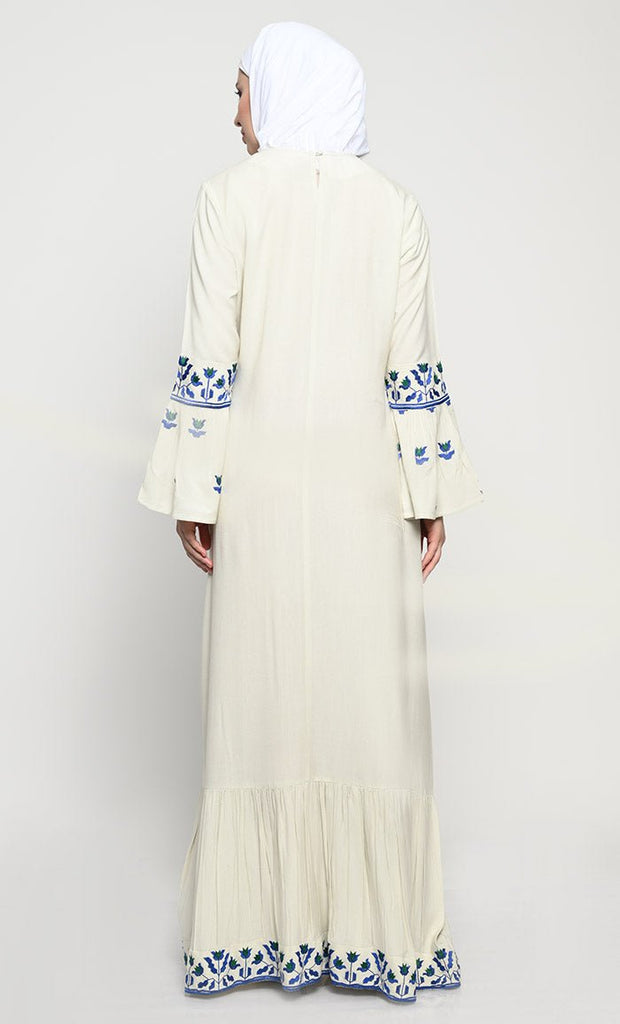 Elegant Rayon A - Line Abaya with Embroidery and Flounce Sleeves - EastEssence.com